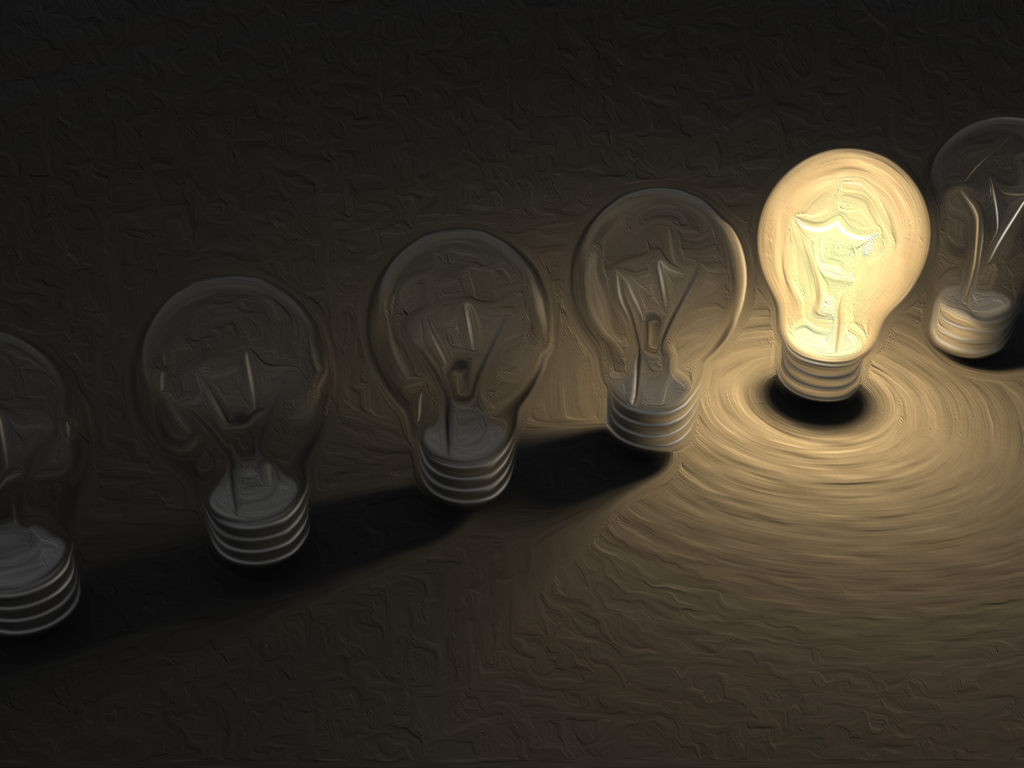 Oil painting of a row of darkened light bulbs with one lit