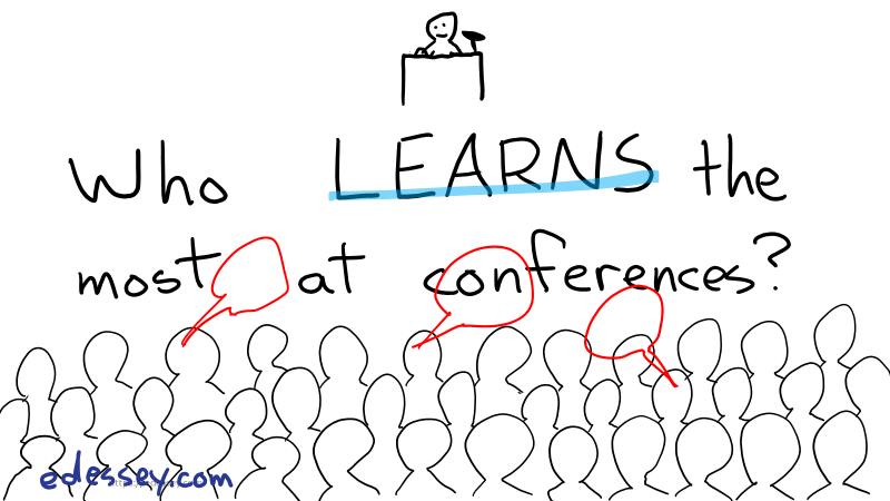 Drawing of a speaker and attendees at a conference with the text "Who LEARNS the most at conferences?" There are word balloons showing the attendees speaking.